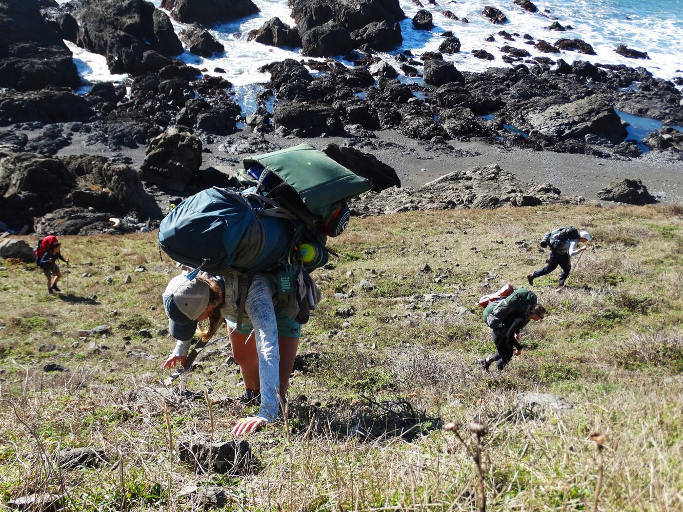 Scrambling down a coastal hillside